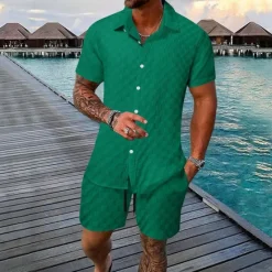 Outlet OUKU Men's 2 Piece Shirt Set Summer Set Matching Sets Casual Shirt Button Up Shirt Black White Light Green Blue Green Short Sleeve Plain Collar Vacation Daily Clothing Apparel Fashion Casual Comfortable