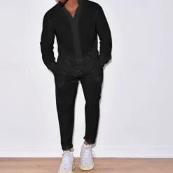 Online OUKU Men's 2 Piece Shirt Set Summer Shirt Matching Sets Beach Shirt Button Up Shirt Plain Vacation Casual Black White Navy Blue Blue Long Sleeve Collar Spring & Summer Clothing Apparel