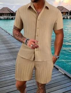 Outlet OUKU Men's 2 Piece Summer Shirt Matching Sets Beach Wear Casual Shirt Button Up Shirt Black White Pink Red Dark Navy Short Sleeve Plain Stripes / Ripples Lapel Vacation Casual Clothing Apparel Fashion