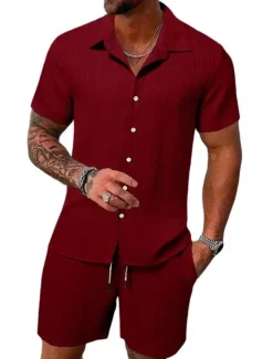 Outlet OUKU Men's 2 Piece Summer Shirt Matching Sets Beach Wear Casual Shirt Button Up Shirt Black White Pink Red Dark Navy Short Sleeve Plain Stripes / Ripples Lapel Vacation Casual Clothing Apparel Fashion