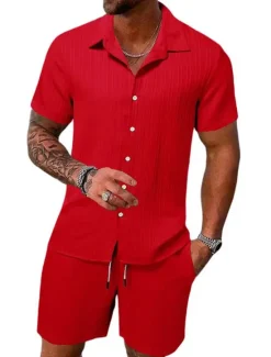Outlet OUKU Men's 2 Piece Summer Shirt Matching Sets Beach Wear Casual Shirt Button Up Shirt Black White Pink Red Dark Navy Short Sleeve Plain Stripes / Ripples Lapel Vacation Casual Clothing Apparel Fashion