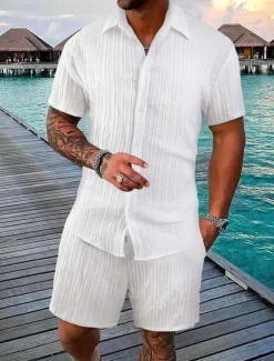 Outlet OUKU Men's 2 Piece Summer Shirt Matching Sets Beach Wear Casual Shirt Button Up Shirt Black White Pink Red Dark Navy Short Sleeve Plain Stripes / Ripples Lapel Vacation Casual Clothing Apparel Fashion