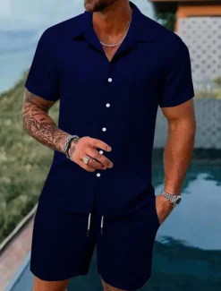 Outlet OUKU Men's 2 Piece Summer Shirt Matching Sets Beach Wear Casual Shirt Button Up Shirt Black White Pink Red Dark Navy Short Sleeve Plain Stripes / Ripples Lapel Vacation Casual Clothing Apparel Fashion