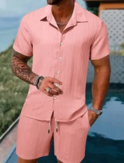 Outlet OUKU Men's 2 Piece Summer Shirt Matching Sets Beach Wear Casual Shirt Button Up Shirt Black White Pink Red Dark Navy Short Sleeve Plain Stripes / Ripples Lapel Vacation Casual Clothing Apparel Fashion