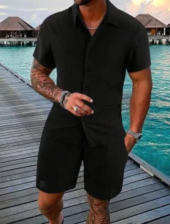 Outlet OUKU Men's 2 Piece Summer Shirt Matching Sets Beach Wear Casual Shirt Button Up Shirt Black White Pink Red Dark Navy Short Sleeve Plain Stripes / Ripples Lapel Vacation Casual Clothing Apparel Fashion