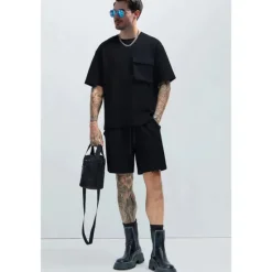 Discount OUKU Men's 2 Piece T-shirt Suits Shorts and T Shirt Set Short Sleeve Short Sleeves Crew Neck Summer Solid Color Gymnatics Casual Pocket 2 Piece Vacation Daily Wear Activewear Black White Brown Top Tee for