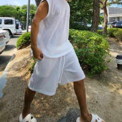 Best OUKU Men's 2 Piece T-shirt Suits Tracksuit Shorts and T Shirt Set Short Sleeve Short Sleeves Short Pant Crew Neck Summer Color Block Gymnatics Casual 2 Piece Knitted Vacation Daily Wear Activewear White