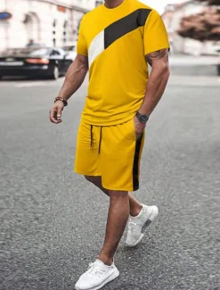 Online OUKU Men's 2 Pieces Outfits T-Shirt and Drawstring Shorts Set Short Sleeve Crewneck Summer Color Block Fashion Sport Casual 2 Piece Vacation Casual Daily Wear Black Yellow Green Top Tee for Men