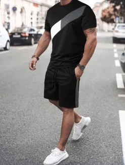 Online OUKU Men's 2 Pieces Outfits T-Shirt and Drawstring Shorts Set Short Sleeve Crewneck Summer Color Block Fashion Sport Casual 2 Piece Vacation Casual Daily Wear Black Yellow Green Top Tee for Men