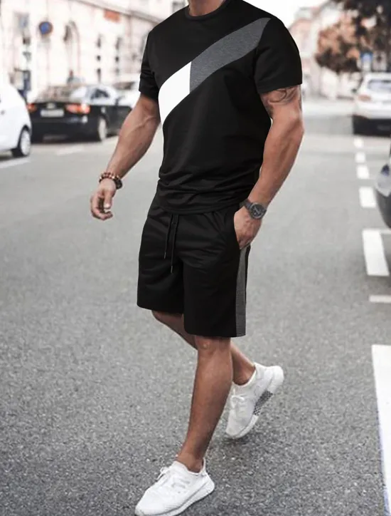 Online OUKU Men's 2 Pieces Outfits T-Shirt and Drawstring Shorts Set Short Sleeve Crewneck Summer Color Block Fashion Sport Casual 2 Piece Vacation Casual Daily Wear Black Yellow Green Top Tee for Men