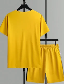 Online OUKU Men's 2 Pieces Outfits T-Shirt and Drawstring Shorts Set Short Sleeve Crewneck Summer Color Block Fashion Sport Casual 2 Piece Vacation Casual Daily Wear Black Yellow Green Top Tee for Men