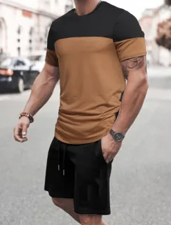 Clearance OUKU Men's 2 Pieces Outfits T-Shirt and Drawstring Shorts Set Short Sleeve Crewneck Summer Color Block Fashion Sport Casual 2 Piece Vacation Casual Daily Wear Red Blue khaki Top Tee for Men