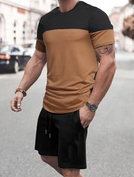 Clearance OUKU Men's 2 Pieces Outfits T-Shirt and Drawstring Shorts Set Short Sleeve Crewneck Summer Color Block Fashion Sport Casual 2 Piece Vacation Casual Daily Wear Red Blue khaki Top Tee for Men