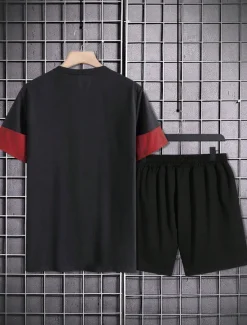 Clearance OUKU Men's 2 Pieces Outfits T-Shirt and Drawstring Shorts Set Short Sleeve Crewneck Summer Color Block Fashion Sport Casual 2 Piece Vacation Casual Daily Wear Red Blue khaki Top Tee for Men