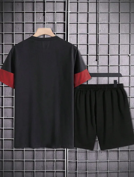 Clearance OUKU Men's 2 Pieces Outfits T-Shirt and Drawstring Shorts Set Short Sleeve Crewneck Summer Color Block Fashion Sport Casual 2 Piece Vacation Casual Daily Wear Red Blue khaki Top Tee for Men