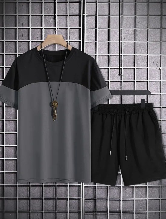 Clearance OUKU Men's 2 Pieces Outfits T-Shirt and Drawstring Shorts Set Short Sleeve Crewneck Summer Color Block Fashion Sport Casual 2 Piece Vacation Casual Daily Wear Red Blue khaki Top Tee for Men