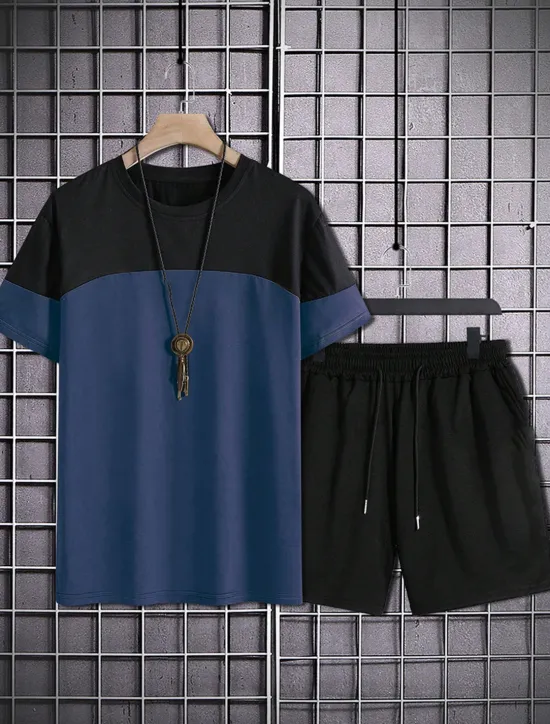Clearance OUKU Men's 2 Pieces Outfits T-Shirt and Drawstring Shorts Set Short Sleeve Crewneck Summer Color Block Fashion Sport Casual 2 Piece Vacation Casual Daily Wear Red Blue khaki Top Tee for Men