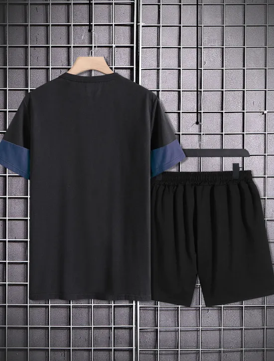 Clearance OUKU Men's 2 Pieces Outfits T-Shirt and Drawstring Shorts Set Short Sleeve Crewneck Summer Color Block Fashion Sport Casual 2 Piece Vacation Casual Daily Wear Red Blue khaki Top Tee for Men