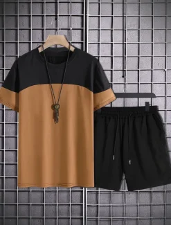 Clearance OUKU Men's 2 Pieces Outfits T-Shirt and Drawstring Shorts Set Short Sleeve Crewneck Summer Color Block Fashion Sport Casual 2 Piece Vacation Casual Daily Wear Red Blue khaki Top Tee for Men