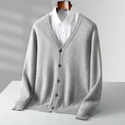 New OUKU Men's 100% Wool Cardigan Sweater Knit Button Up Solid Color V Neck Knitwear Elegant School Training Clothing Apparel Bishop Sleeve Fall Winter Black khaki S M L XL