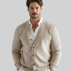 New OUKU Men's 100% Wool Cardigan Sweater Knit Button Up Solid Color V Neck Knitwear Elegant School Training Clothing Apparel Bishop Sleeve Fall Winter Black khaki S M L XL