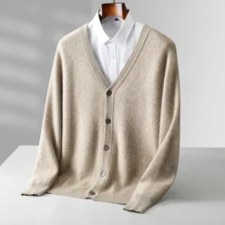 New OUKU Men's 100% Wool Cardigan Sweater Knit Button Up Solid Color V Neck Knitwear Elegant School Training Clothing Apparel Bishop Sleeve Fall Winter Black khaki S M L XL