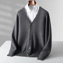 New OUKU Men's 100% Wool Cardigan Sweater Knit Button Up Solid Color V Neck Knitwear Elegant School Training Clothing Apparel Bishop Sleeve Fall Winter Black khaki S M L XL