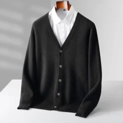 New OUKU Men's 100% Wool Cardigan Sweater Knit Button Up Solid Color V Neck Knitwear Elegant School Training Clothing Apparel Bishop Sleeve Fall Winter Black khaki S M L XL