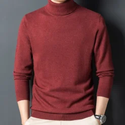 OUKU Men's 100% Wool Pullover Sweater Jumper Knit Solid Color Turtleneck Knitwear Elegant Christmas Outdoor Clothing Apparel Fall Winter Black Red S M L