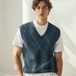 Hot OUKU Men's 100% Wool Sweater Vest Knit V Neck Stripe Reactive Print V Neck Knitwear Elegant School Performance Clothing Apparel Spring Fall Black Royal Blue S M L