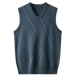 Hot OUKU Men's 100% Wool Sweater Vest Knit V Neck Stripe Reactive Print V Neck Knitwear Elegant School Performance Clothing Apparel Spring Fall Black Royal Blue S M L