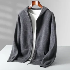 Sale OUKU Men's 100% Wool Zip Sweater Solid Color Hooded Knitwear Elegant School Training Clothing Apparel Fall Winter Black White S M L XL