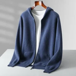 Sale OUKU Men's 100% Wool Zip Sweater Solid Color Hooded Knitwear Elegant School Training Clothing Apparel Fall Winter Black White S M L XL
