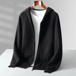 Sale OUKU Men's 100% Wool Zip Sweater Solid Color Hooded Knitwear Elegant School Training Clothing Apparel Fall Winter Black White S M L XL
