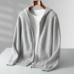 Sale OUKU Men's 100% Wool Zip Sweater Solid Color Hooded Knitwear Elegant School Training Clothing Apparel Fall Winter Black White S M L XL