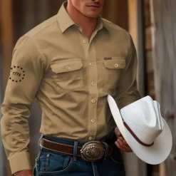 New OUKU Men's 1776 Work Shirt Western Shirt Cargo Shirt Long Sleeve Tactical Vintage Retro Sports Outdoor WorkWear Spring Fall Turndown Front Two Pockets Button Up Shirts Black White Army Green Blue Khaki