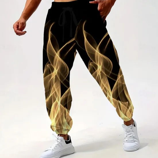 Best OUKU Men's Abstract Flame Sweatpants Joggers Trousers Mid Waist Drawstring Elastic Waist Casual Jogging Streetwear Workout Athletic Sweatpants with Pockets Spring Fall 3D Print Yellow Red Blue
