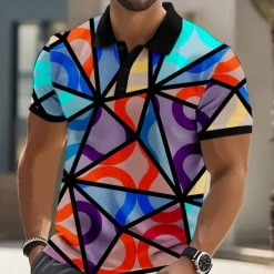 Clearance OUKU Men's Abstract Geometic Polo Short Sleeve Polo Shirts Collared Shirts Casual Athleisure Outdoor clothing Daily Wear 3D Print Buttons Summer Yellow Blue Green