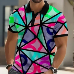 Clearance OUKU Men's Abstract Geometic Polo Short Sleeve Polo Shirts Collared Shirts Casual Athleisure Outdoor clothing Daily Wear 3D Print Buttons Summer Yellow Blue Green
