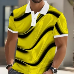 Sale OUKU Men's Abstract Geometic Polo Short Sleeve Polo Shirts Lapel Business Casual Business Athleisure 3D Print Buttons Summer Yellow Blue Purple