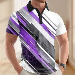 Best OUKU Men's Abstract Geometic Polo Short Sleeve Polo Shirts Lapel Business Casual Business Athleisure 3D Print Buttons Summer Red Blue Purple