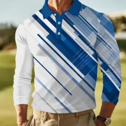 Hot OUKU Men's Abstract Geometic Polo Long Sleeve Polo Shirts Lapel Business Casual Outdoor Athleisure Daily Wear 3D Print Buttons Spring Fall Winter Blue Green Dark Blue