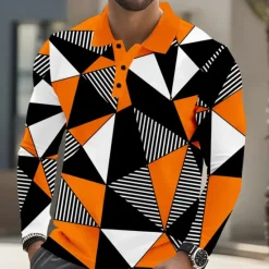Discount OUKU Men's Abstract Geometic Polo Long Sleeve Polo Shirts Lapel Casual Athleisure Daily Wear 3D Print Buttons Spring Fall Winter Red Blue Orange