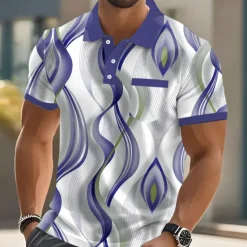 Outlet OUKU Men's Abstract Geometic Polo Short Sleeve Polo Shirts Collared Shirts Business Casual Outdoor Athleisure Daily Wear Pocket 3D Print Buttons Summer Blue Purple Green