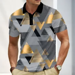 Clearance OUKU Men's Abstract Geometic Polo Short Sleeve Polo Shirts Lapel Business Casual Business Athleisure 3D Print Buttons Summer Blue Gold Green