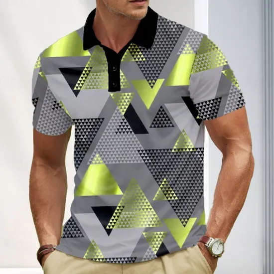 Clearance OUKU Men's Abstract Geometic Polo Short Sleeve Polo Shirts Lapel Business Casual Business Athleisure 3D Print Buttons Summer Blue Gold Green