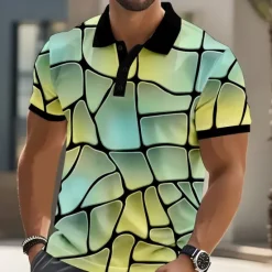Clearance OUKU Men's Abstract Geometic Polo Short Sleeve Polo Shirts Collared Shirts Casual Street Athleisure Daily Wear 3D Print Buttons Summer Yellow Blue Purple