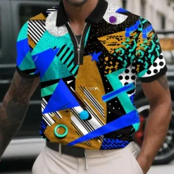 OUKU Men's Abstract Geometic Zip Polo Shirts Short Sleeve Polo Shirts Collared Shirts Casual Athleisure Daily Wear 3D Print Summer Yellow Red Blue
