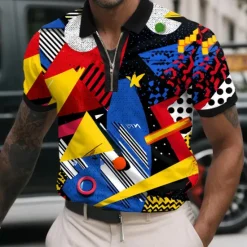 OUKU Men's Abstract Geometic Zip Polo Shirts Short Sleeve Polo Shirts Collared Shirts Casual Athleisure Daily Wear 3D Print Summer Yellow Red Blue