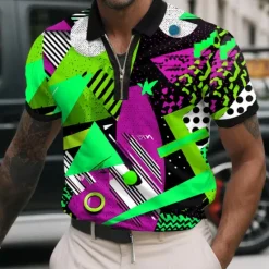 OUKU Men's Abstract Geometic Zip Polo Shirts Short Sleeve Polo Shirts Collared Shirts Casual Athleisure Daily Wear 3D Print Summer Yellow Red Blue